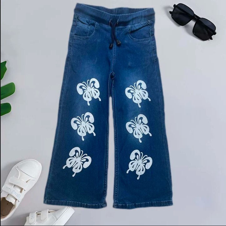 GIRLS DARK BLUE BUTTERFLY PRINTED DENIM JEANS FLAPPER