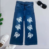 GIRLS DARK BLUE BUTTERFLY PRINTED DENIM JEANS FLAPPER