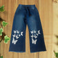 GIRLS DARK BLUE BUTTERFLY PRINTED DENIM JEANS FLAPPER